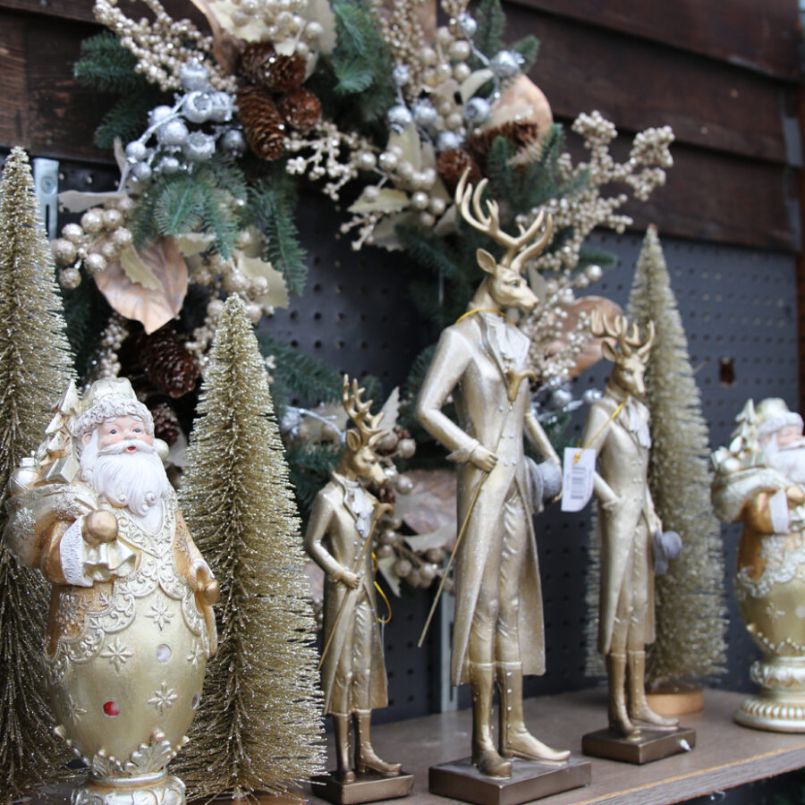 Gold-colored Santa, tree, and gentleman reindeer figurines – Down to ...