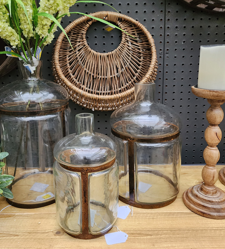 Baskets, rustic candle holders, glass carboys and more
